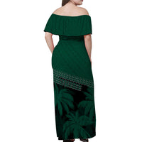 Women's off-shoulder maxi dress, dark green with geometric band and palm pattern