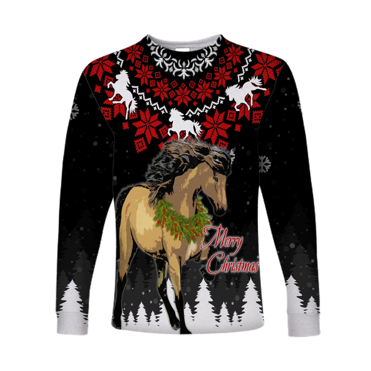 Unisex long-sleeve Christmas shirt, black with white horses, red motifs, trees, 'Merry Christmas'
