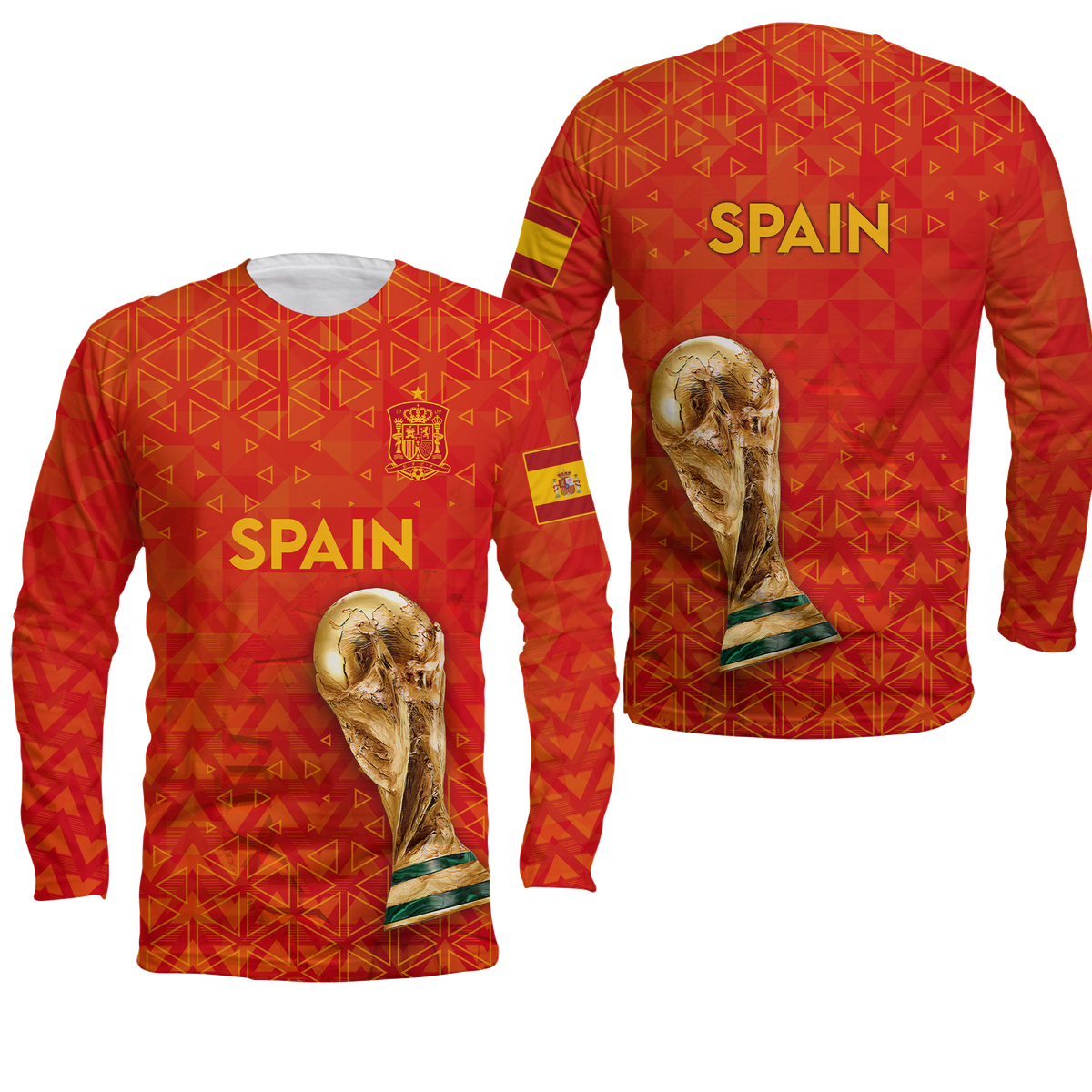 Red Spain long-sleeve soccer jersey set, geometric pattern, crest and player graphic