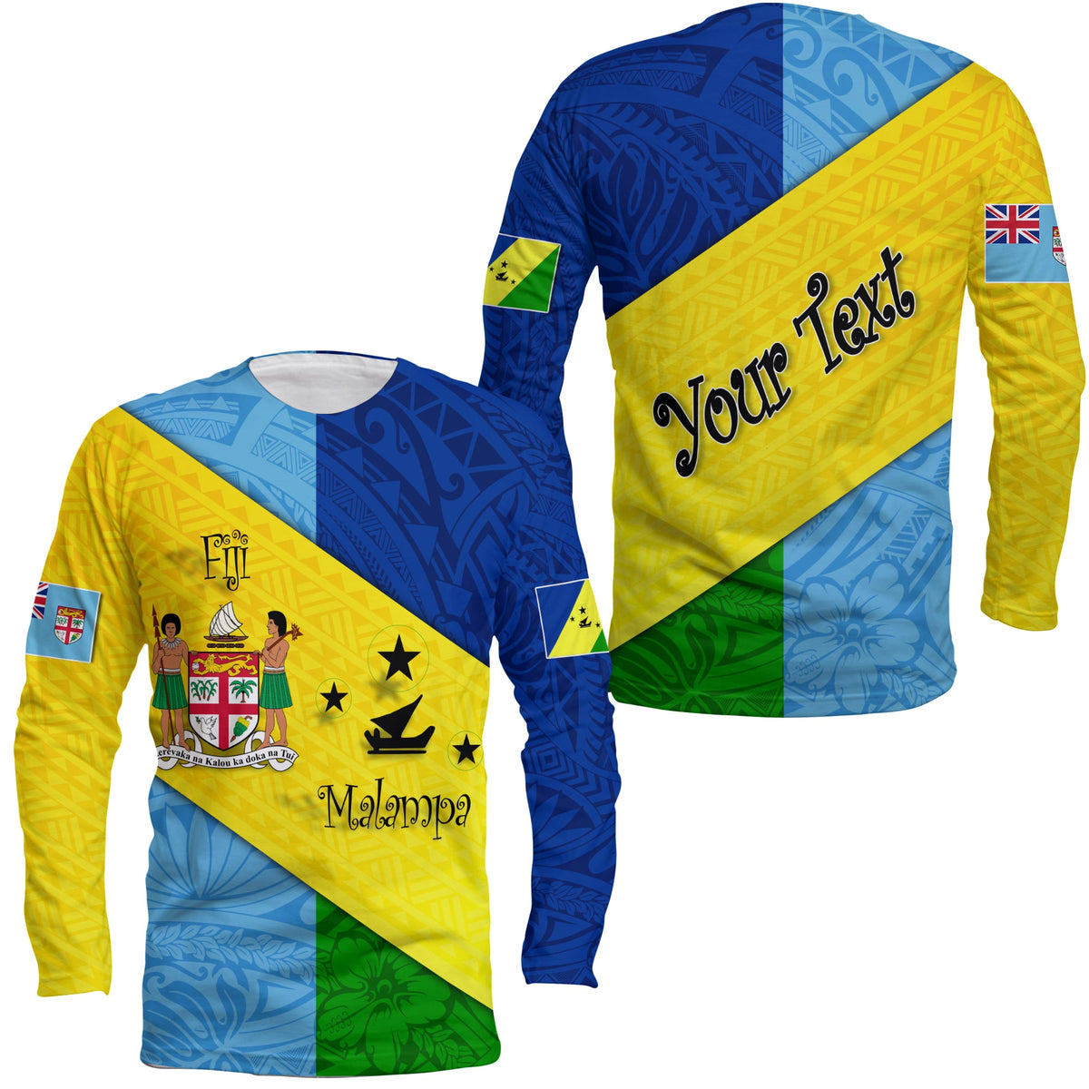 Unisex long-sleeve shirt yellow/blue with Polynesian pattern and 'Your Text'.