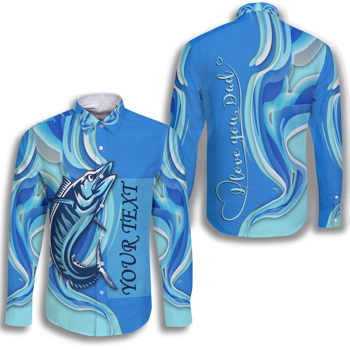 Blue long-sleeve button shirt with ocean wave print and fishing quote text