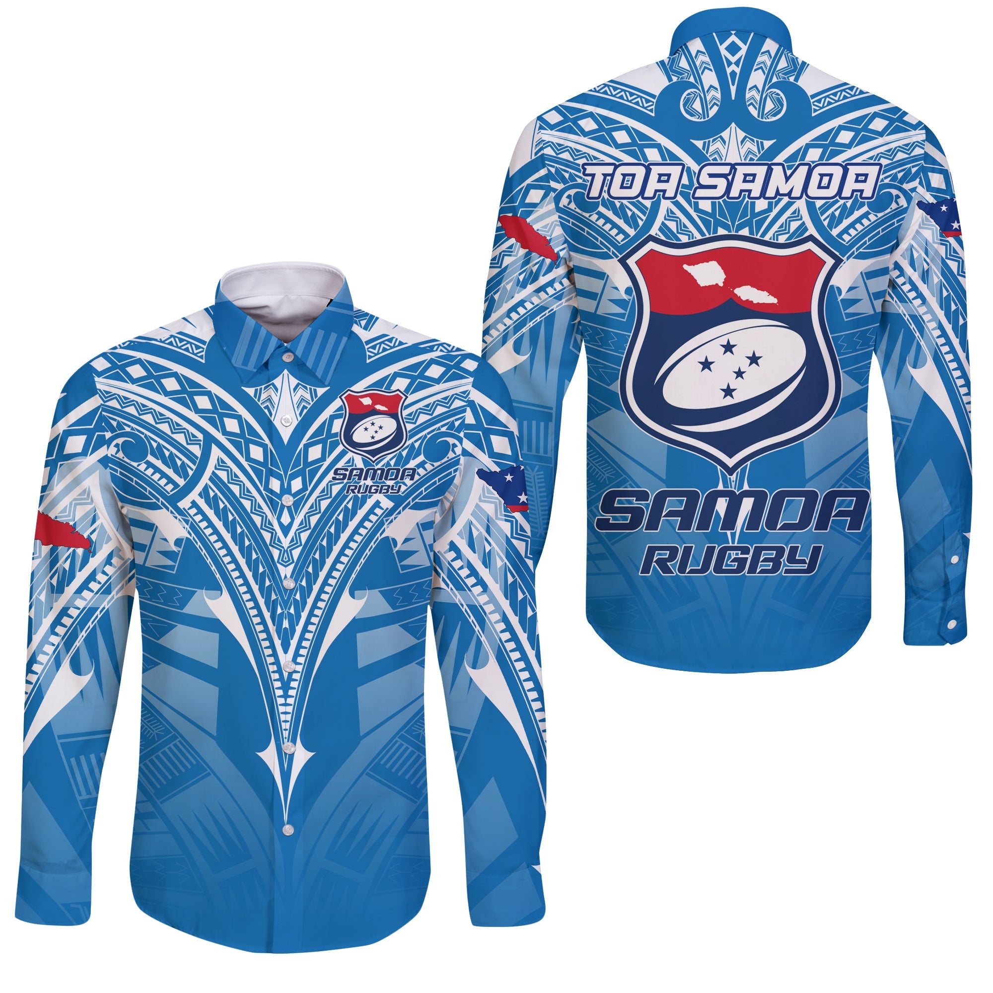 Samoa Rugby Toa Samoa Blue Style Sleeve Button Shirt LT2 - Wonder Print Shop