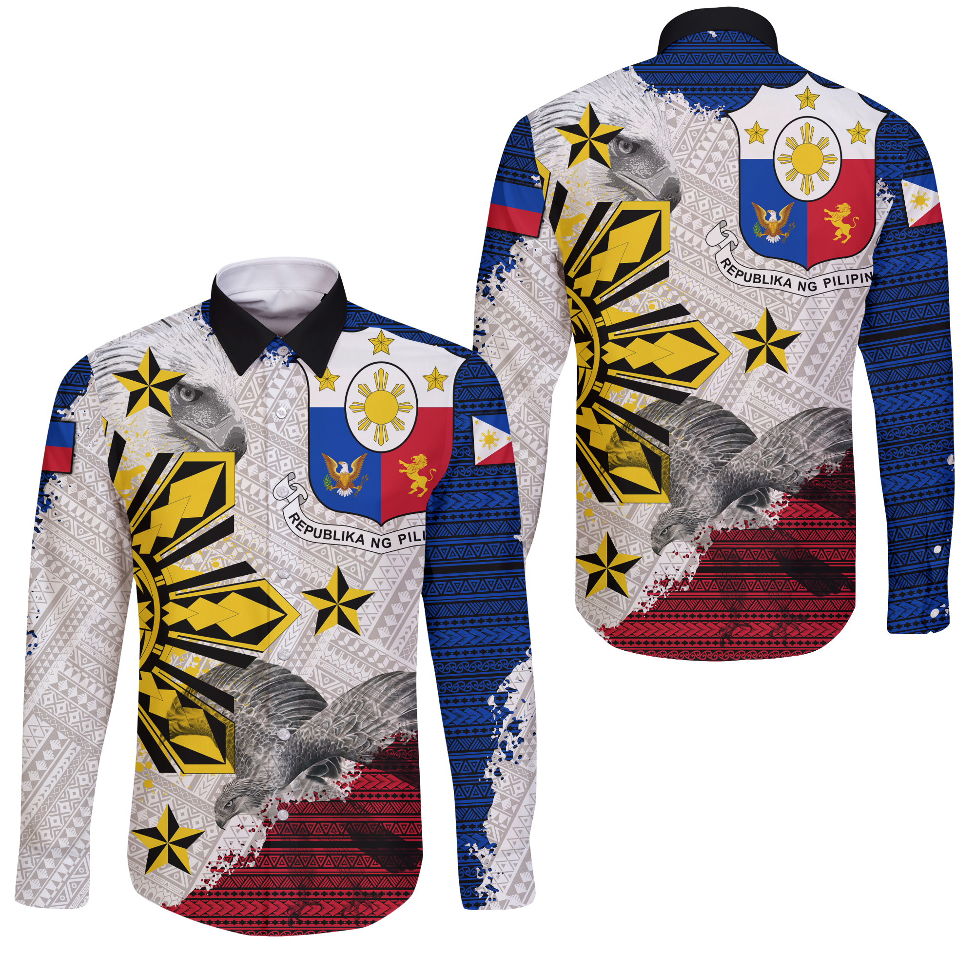 Philippines Filipino Tribal Eagle Long Sleeve Button Shirt LT2 - Wonder Print Shop