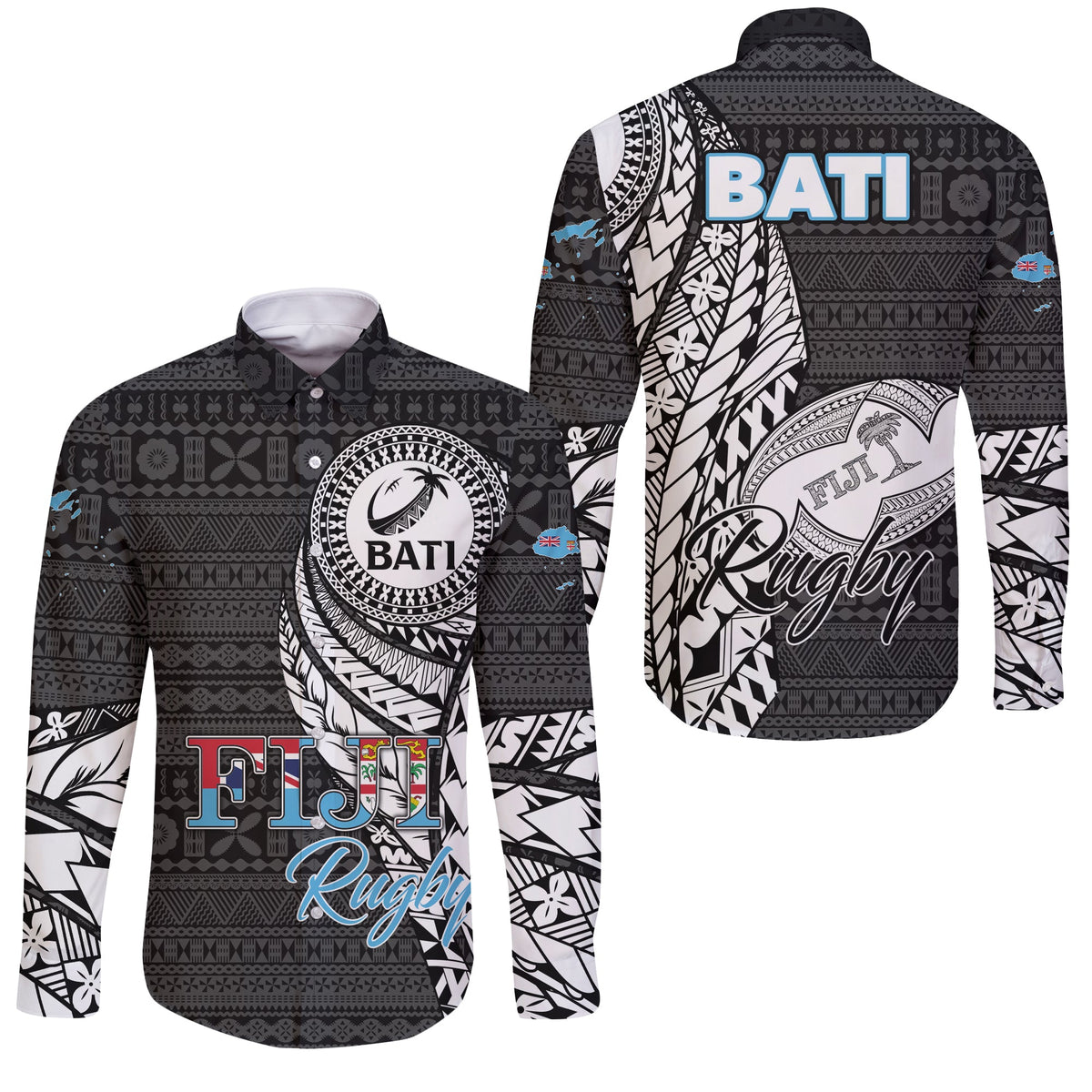 Unisex black rugby button shirt with Fiji Bati tapa pattern, long sleeves and collar
