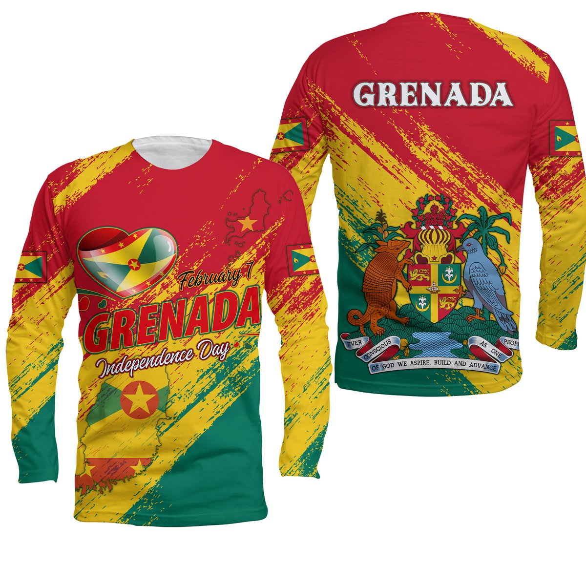 Unisex long-sleeve shirt with red, yellow, and green Grenada-themed front and back prints