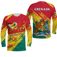 Unisex long-sleeve shirt with red, yellow, and green Grenada-themed front and back prints