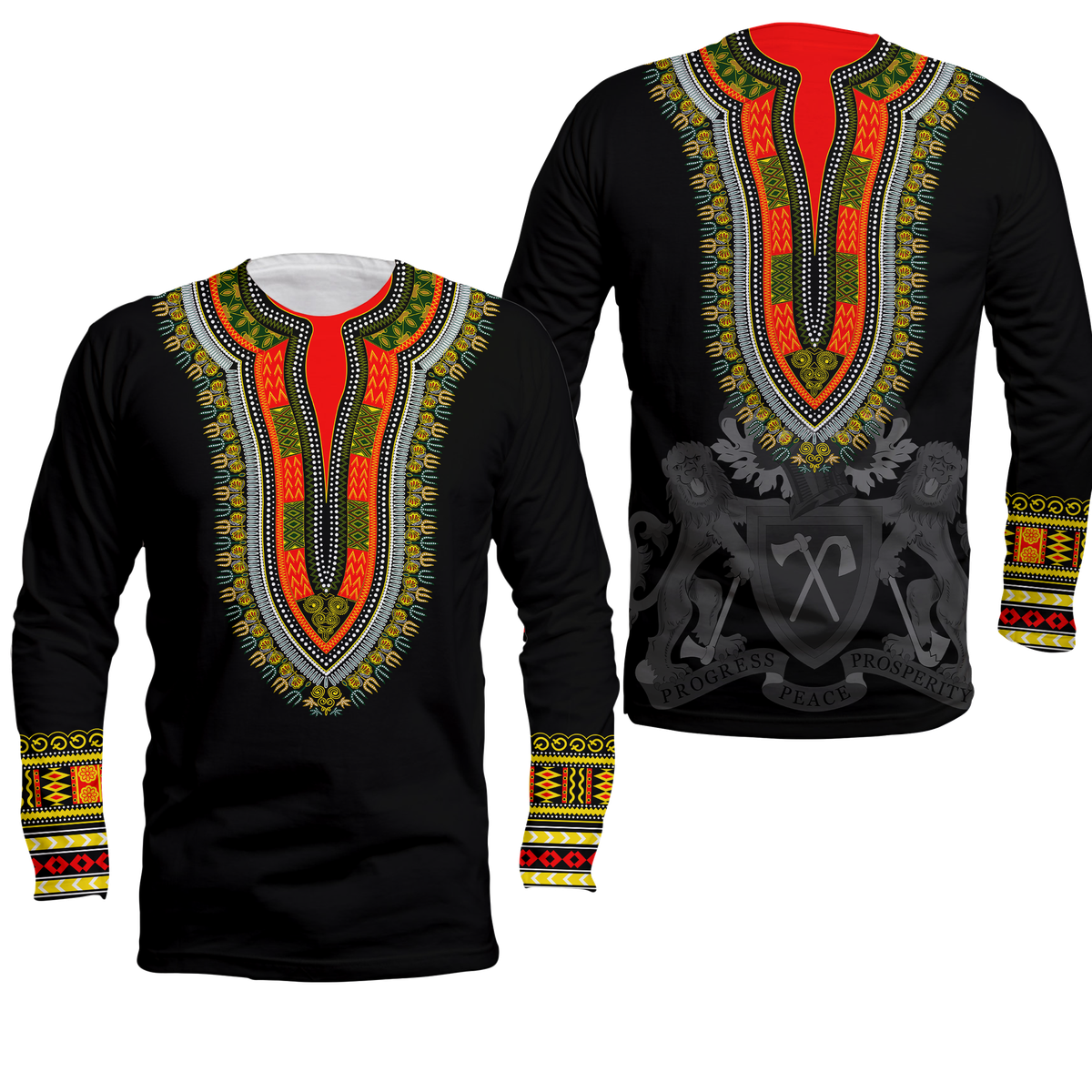 Black long sleeve dashiki shirt with V-neck patterned embroidery in red, green, yellow.