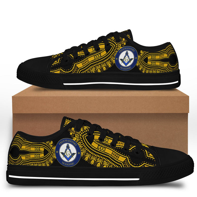 Black low-top shoes with gold pattern and blue Masonic emblem, black laces