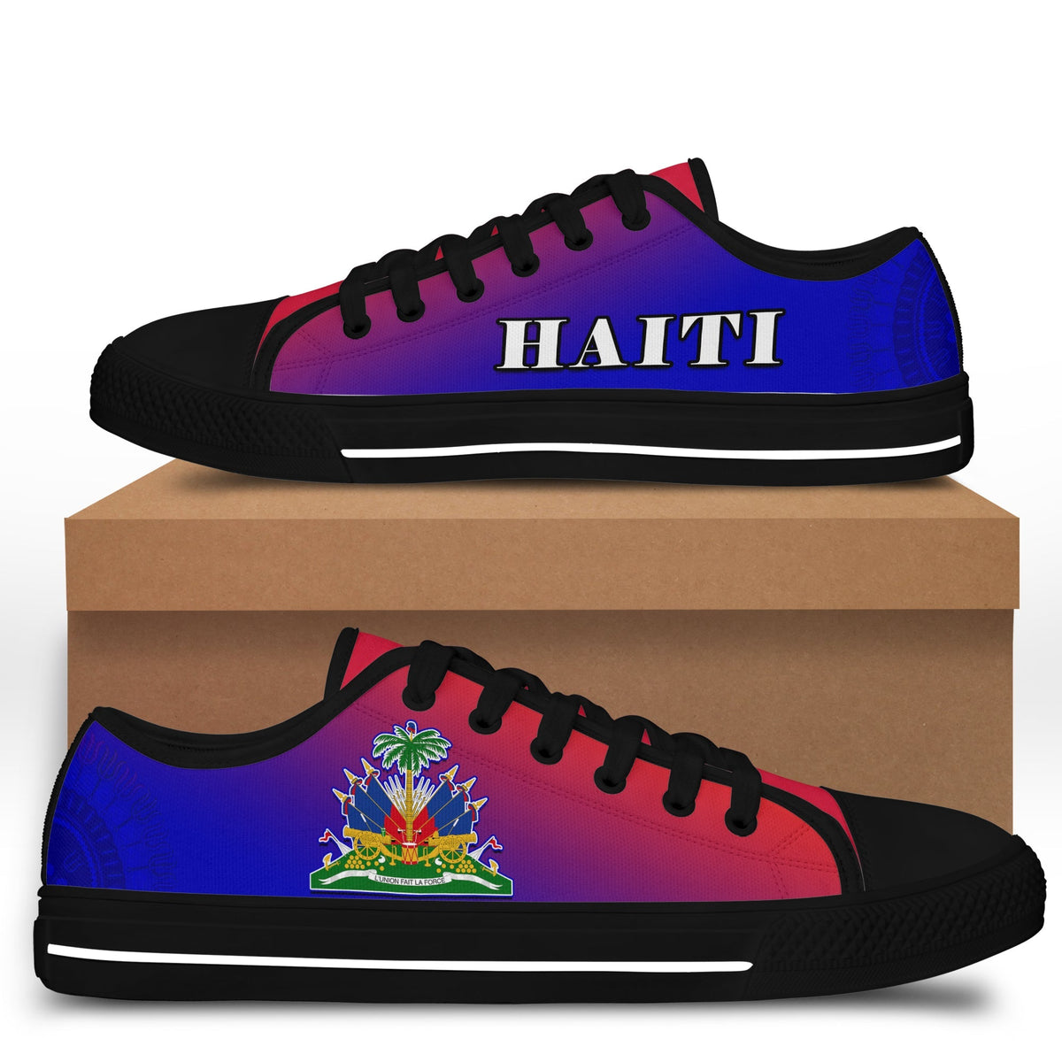 Haiti low top shoes with “HAITI” print, flag crest detail, black sole