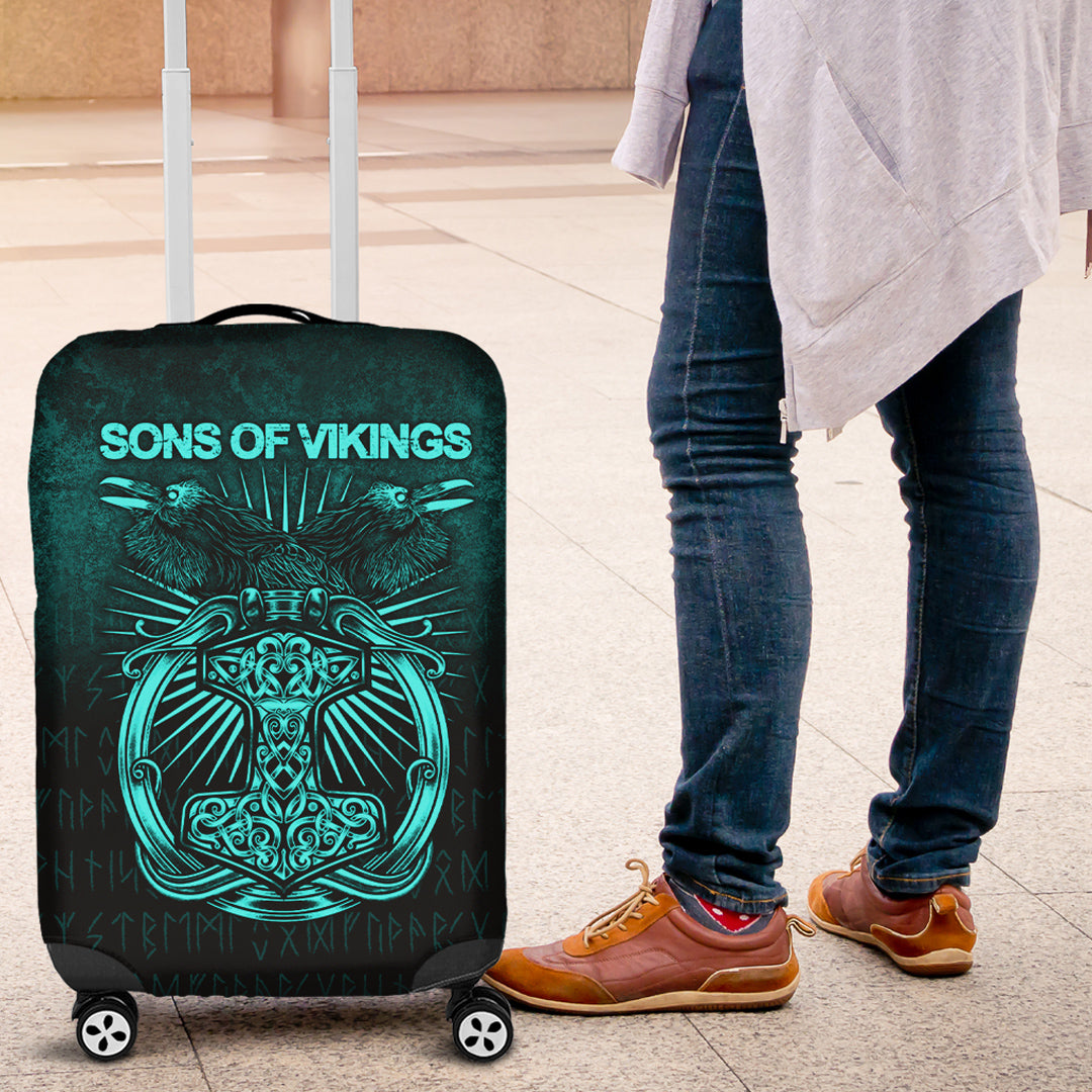 Viking Luggage Covers - Vikings Ravens Mjolnir - Cyan Version Luggage Covers RLT12 - Wonder Print Shop