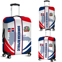 White suitcase luggage cover with Dominican Republic graphic, crest, bold blue/red stripes