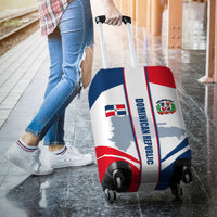 White suitcase luggage cover with Dominican Republic stripe graphic and caster wheels