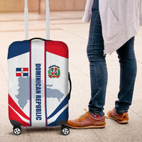 White suitcase luggage cover with Dominican Republic flag crest, blue/red stripes, wheel cutouts