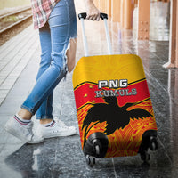 Yellow luggage cover with eagle print, red stripe, and four roller wheels; covers suitcase