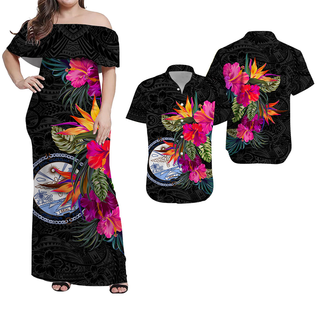 Black off-shoulder maxi dress with colorful hibiscus and tribal pattern front panel
