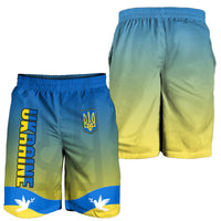 Two views of men's Ukraine flag shorts: blue and yellow, trident emblem and dove print