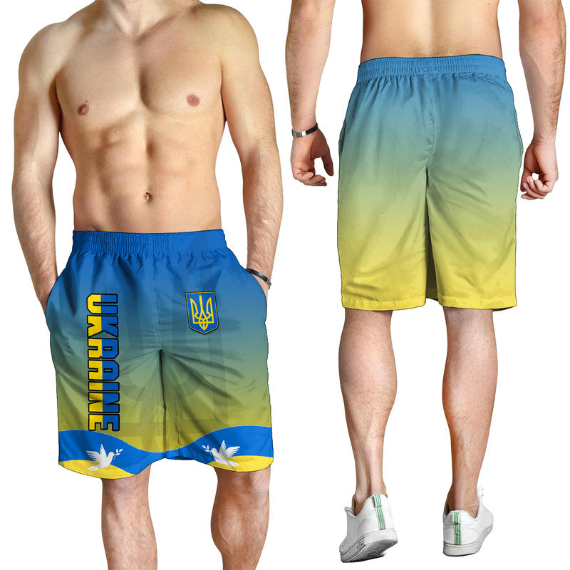 Men's Ukraine flag shorts in blue-yellow gradient with trident emblem, front and back