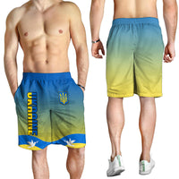 Men's Ukraine flag shorts in blue-yellow gradient with trident emblem, front and back