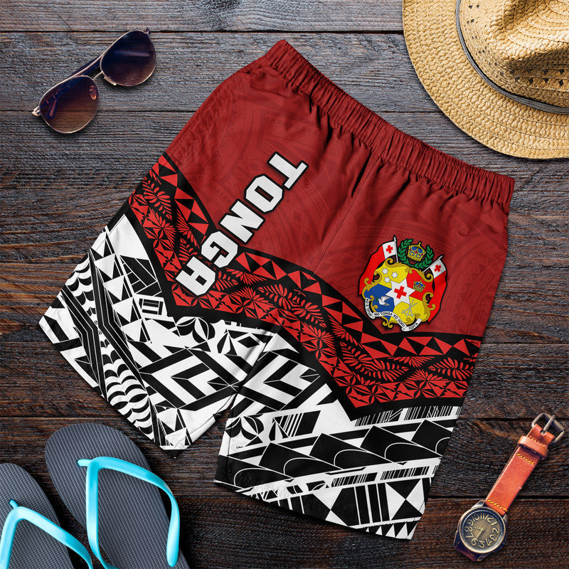 Men's red Tonga shorts, black & white geometric front, elastic waistband