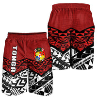 Men's red Tonga shorts set with crest logo and black/white geometric sides