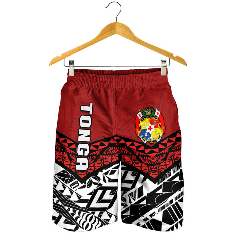 Men's red Tonga shorts on hanger, elastic waist, black and white patterned hem