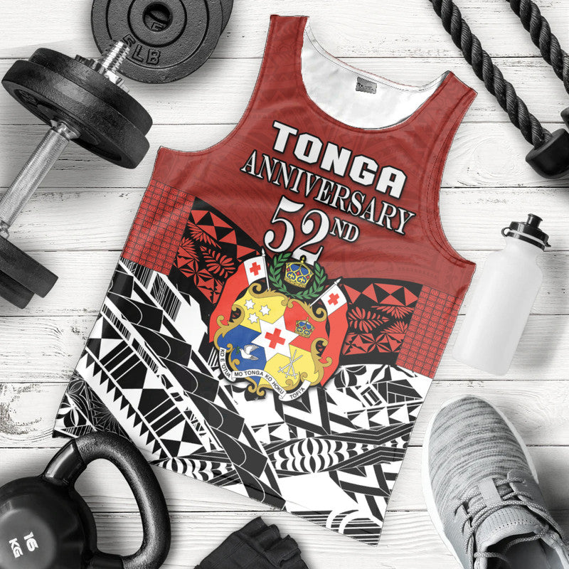Red sleeveless tank top flat lay with TONGA 52nd anniversary text and crest