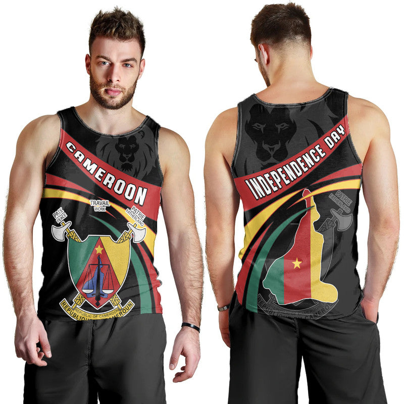 Black men’s tank top, front and back with “Independence Day” text and Cameroon crest