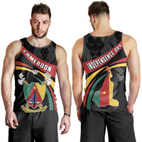 Black men’s tank top, front and back with “Independence Day” text and Cameroon crest
