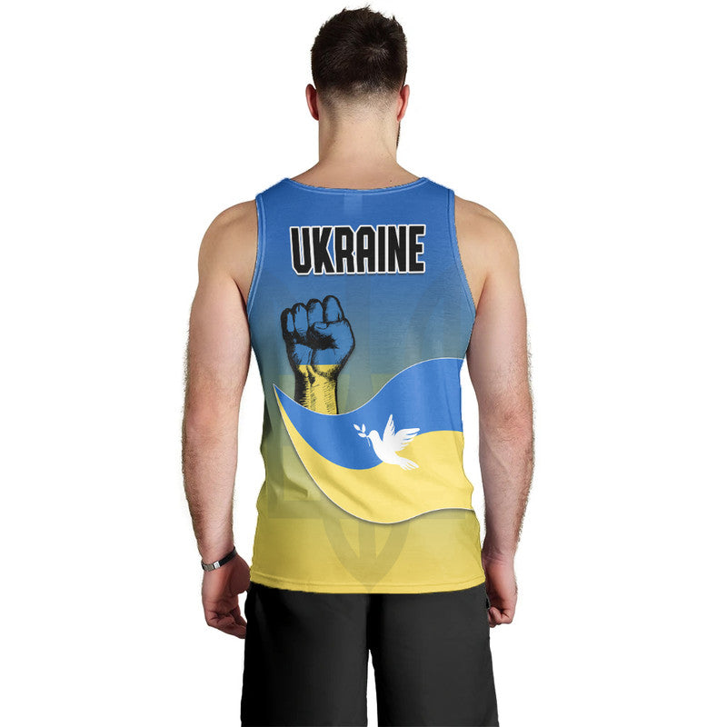 Back view: blue sleeveless tank with yellow panel and UKRAINE text over flag graphic