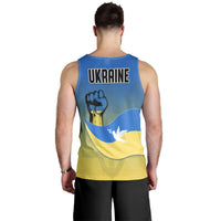 Back view: blue sleeveless tank with yellow panel and UKRAINE text over flag graphic
