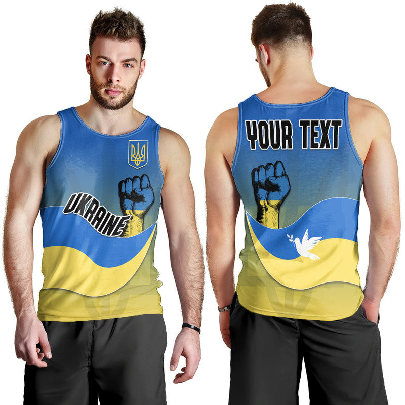 Blue personalized Ukraine tank top, front view on model, trident and fist design