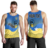 Blue personalized Ukraine tank top, front view on model, trident and fist design