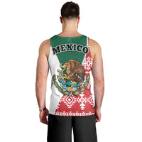 Back view men’s tank top in white with green panel, red Aztec trim, “MEXICO” eagle