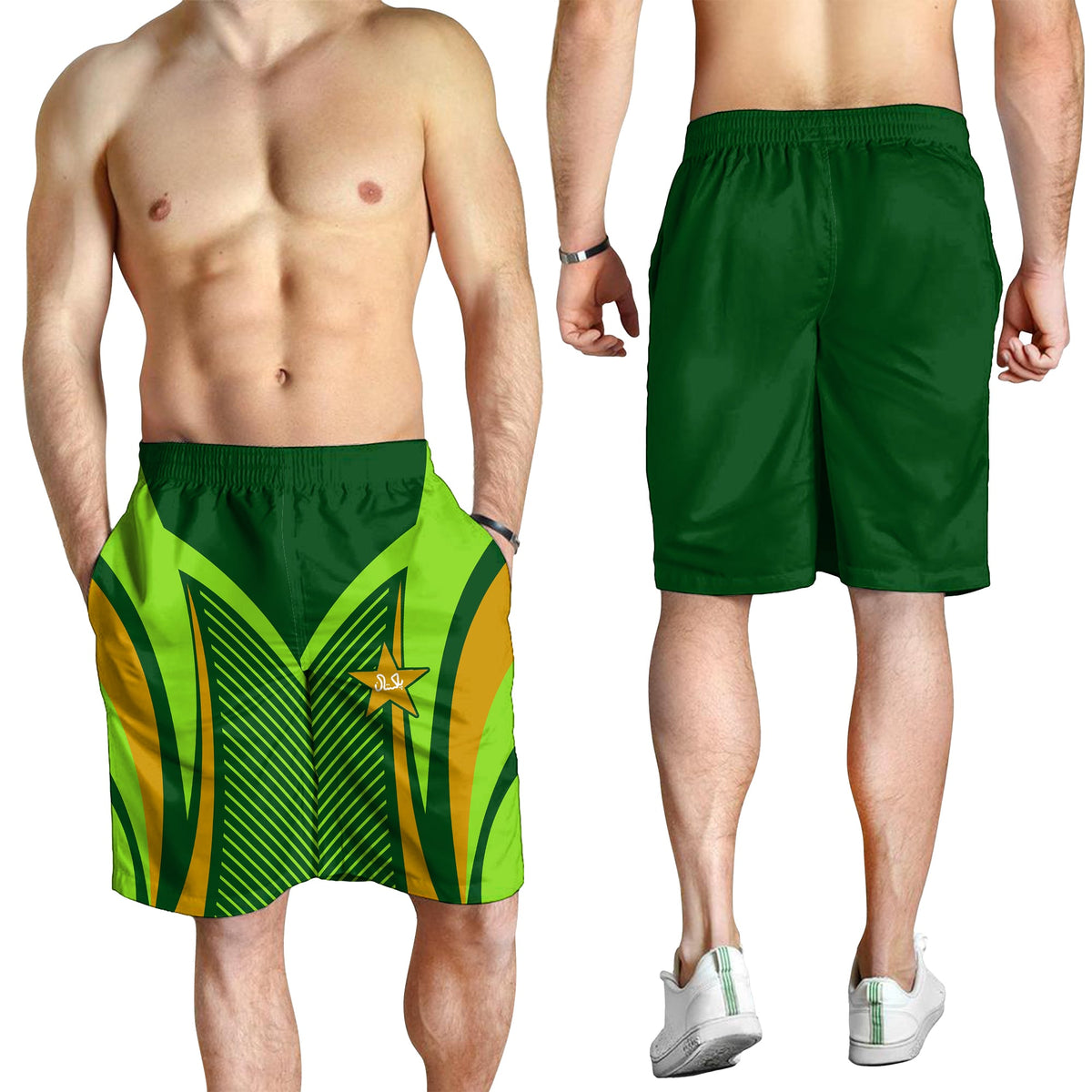 Men’s green and lime cricket shorts worn; elastic waistband, star emblem