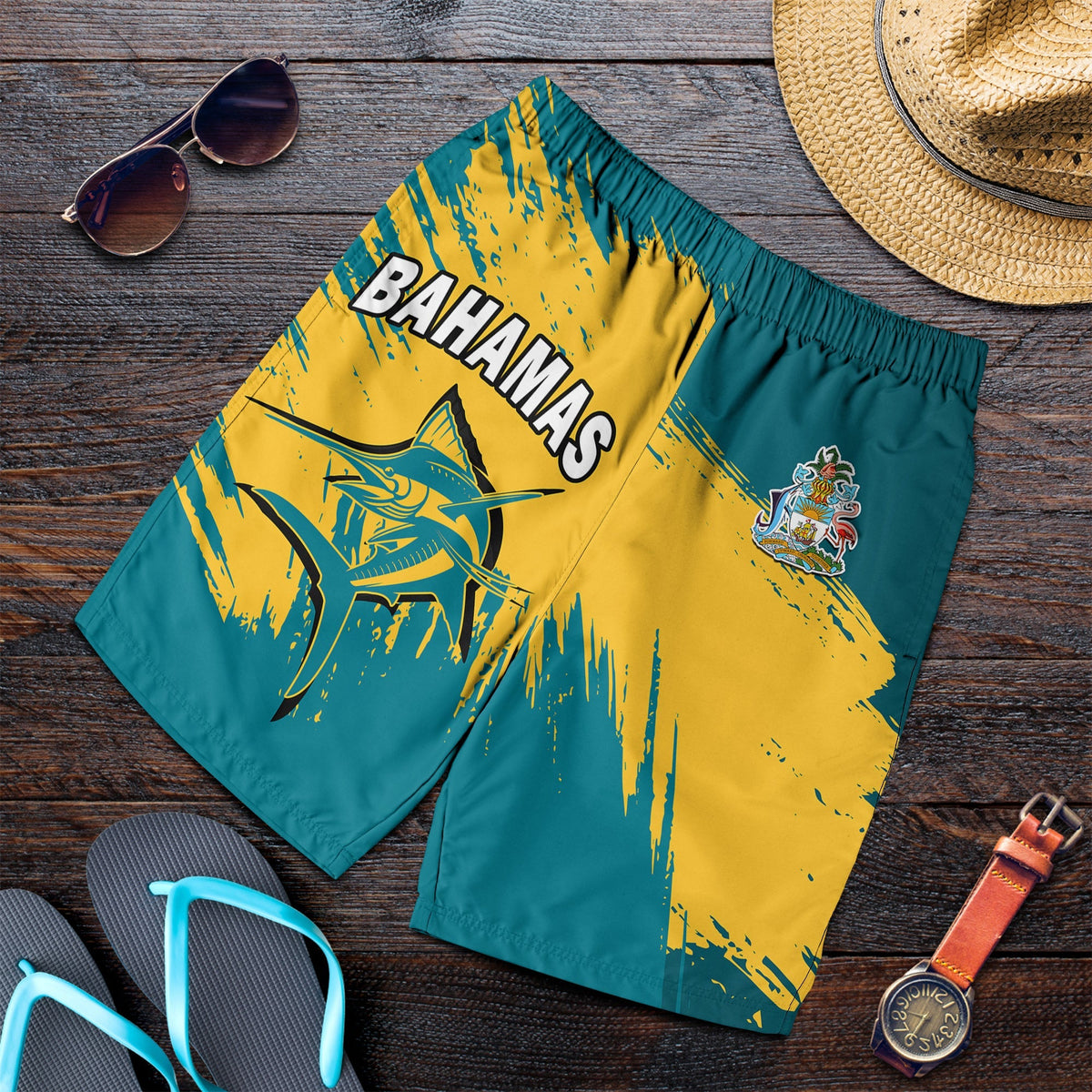 Bahamas men swim shorts blue/yellow with crest emblem and splatter print