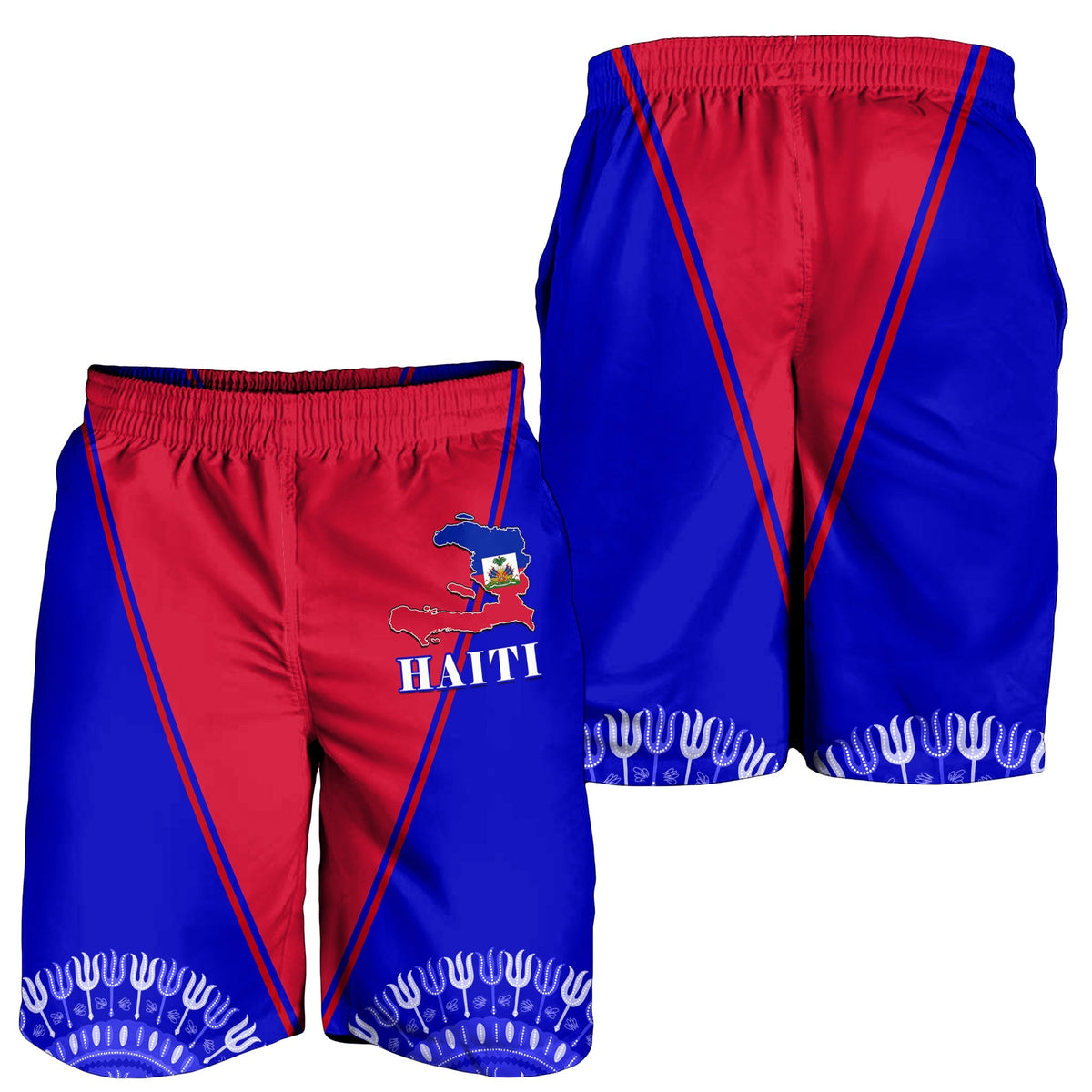 Set of Haiti flag print shorts in red and blue, elastic waist and stripe trim