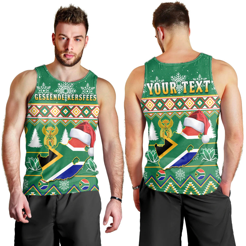 Green men's Christmas tank top with South Africa flag graphic, 'GESEËNDE KERSFEES' text