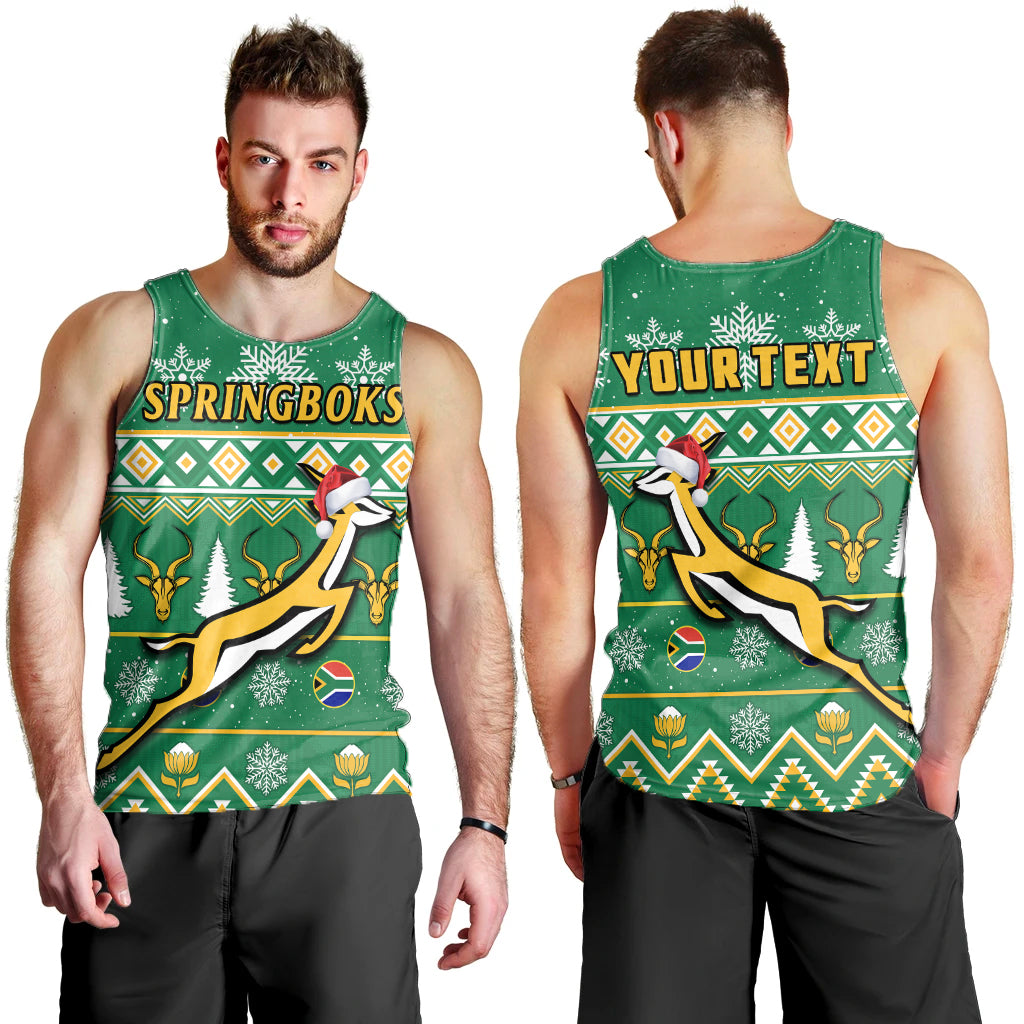 Green men's tank top with festive rugby graphic and 'YOUR TEXT' front print