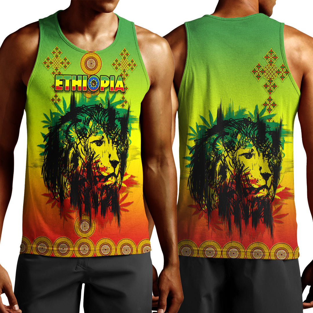 Men’s reggae tank top in green with lion graphic and ETHIOPIA text, front