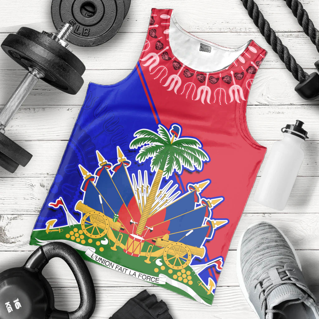 Men's red and blue Haiti flag tank top with palm tree graphic and ribbed round neck
