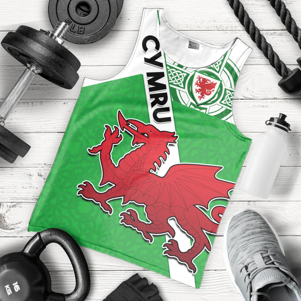 Green Wales football men tank top with red dragon and Celtic knot graphic