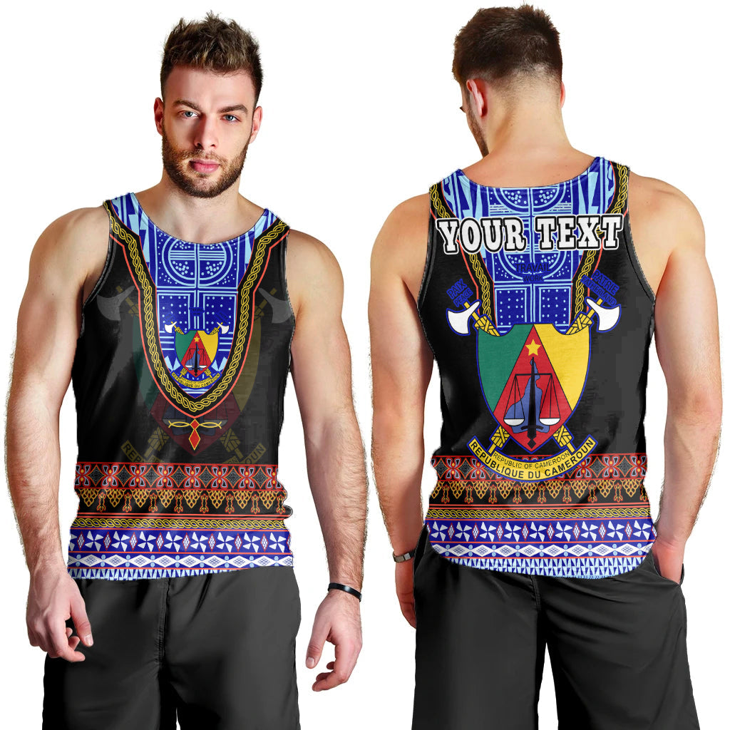 Black sleeveless tank top, blue Cameroon crest with 'YOUR TEXT' across chest