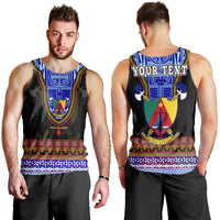 Black sleeveless tank top, blue Cameroon crest with 'YOUR TEXT' across chest