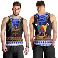 Men’s black tank top, front view, blue crest with red/yellow trim and patterned hem