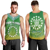 Men's green tank top with front and back circle crest graphic, sleeveless