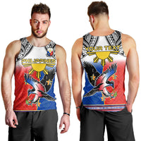 Men's white tank top front and back: eagle Polynesian pattern, 'YOUR TEXT' on back