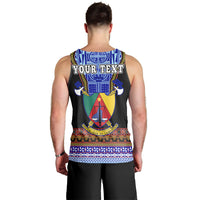 Black men’s tank top back view with blue Cameroon crest and 'YOUR TEXT' text
