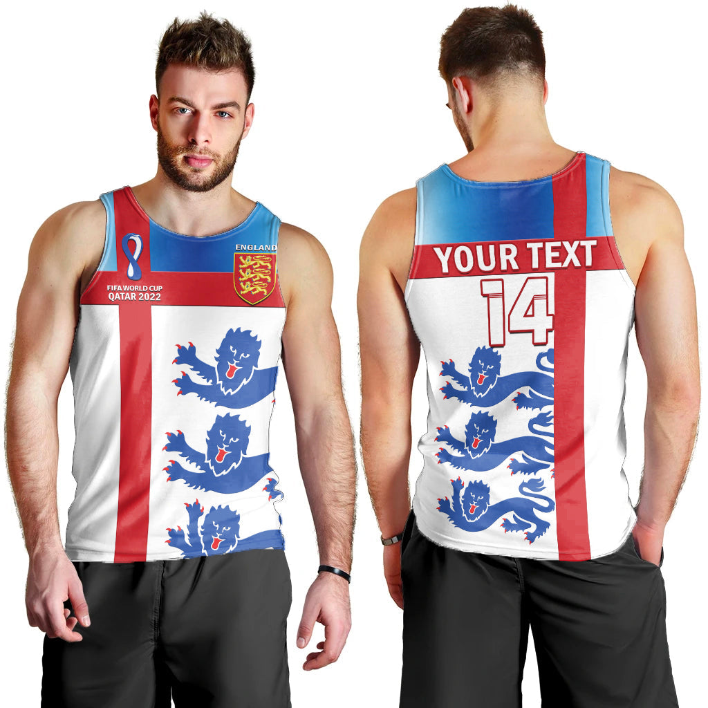 Men's white England football tank top with blue red panel, custom text and 14 print