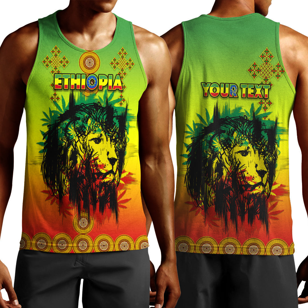Herren Tanktop Reggae-Farbverlauf: ETHIOPIA-Schrift, Löwenkopf-Print vorne