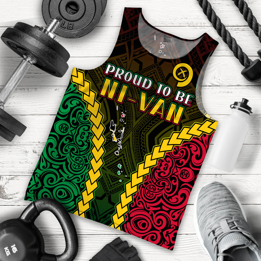 Black sleeveless tank top with “Proud to be NI-VAN” tribal graphic in green, red, and yellow